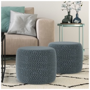 Simpli Home Bayley Braided Pouf, Aegean Blue/Natural