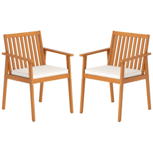 2 Pieces Patio Dining Chairs Outdoor Acacia Wood Chairs with Removable Padded Cushion-Natural