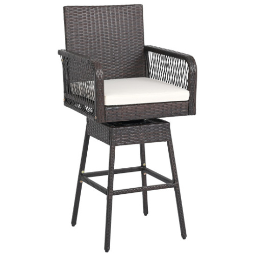 29 Inches Patio 360° Swivel Bar Stool with Cross-Woven Armrests and Seat Cushion-White