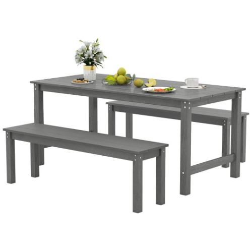 3 Pieces Outdoor Dining Table Set with 2 Benches-Gray