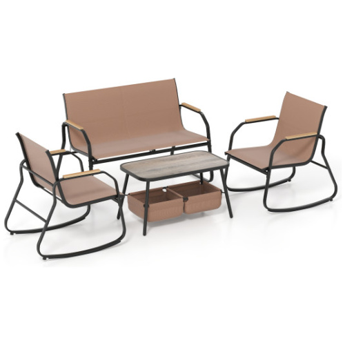 4 Pieces Patio Furniture Set with Rocking Bistro Chairs and Breathable Mesh Fabric-Coffee