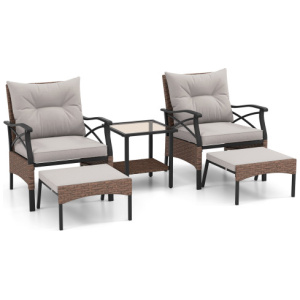 5 Pieces Wicker Patio Furniture Set Ottomans and Cushions and 2-Tier Tempered Glass Side Table-Brown