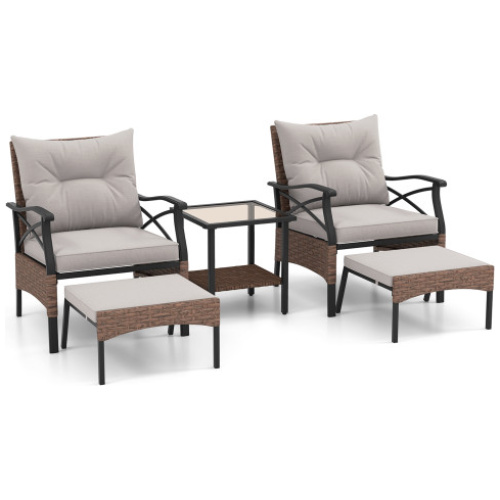 5 Pieces Wicker Patio Furniture Set Ottomans and Cushions and 2-Tier Tempered Glass Side Table-Brown