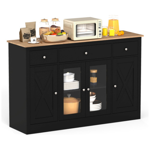 55" Large Buffet Sideboard Kitchen Storage Cabinet with 3 Drawers 2 See-through Doors Adjustable Shelves Wine Bar Table-Black