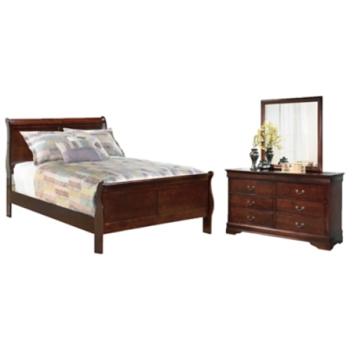 Alisdair Full Sleigh Bed with Mirrored Dresser, Reddish Brown