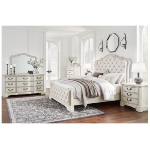 Arlendyne California King Upholstered Bed with Mirrored Dresser, Chest and 2 Nightstands, Antique White