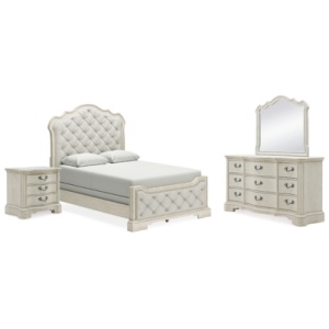 Arlendyne Queen Upholstered Bed with Mirrored Dresser and Nightstand, Antique White