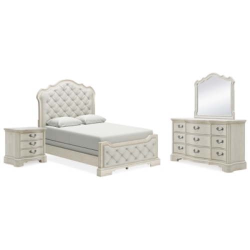 Arlendyne Queen Upholstered Bed with Mirrored Dresser and Nightstand, Antique White