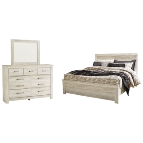 Bellaby King Panel Bed with Mirrored Dresser, Whitewash