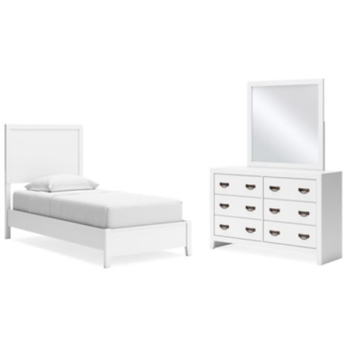 Binterglen Twin Panel Bed with Mirrored Dresser, White