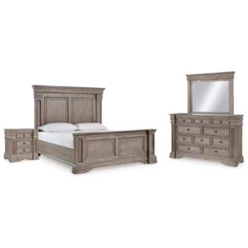 Blairhurst California King Panel Bed with Mirrored Dresser, Chest and 2 Nightstands, Light Grayish Brown