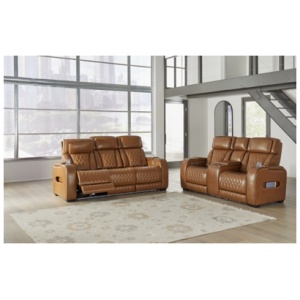 Boyington Triple Power Leather Reclining Sofa and Loveseat Set, Caramel