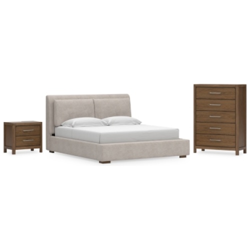 Cabalynn King Upholstered Bed with Chest and Nightstand, Light Brown