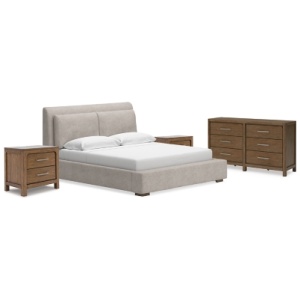 Cabalynn King Upholstered Bed with Dresser and 2 Nightstands, Light Brown