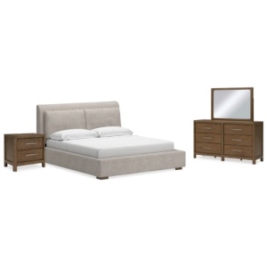 Cabalynn King Upholstered Bed with Mirrored Dresser and Nightstand, Light Brown