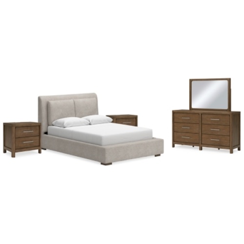 Cabalynn Queen Upholstered Bed with Mirrored Dresser and 2 Nightstands, Light Brown