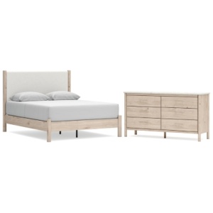 Cadmori Queen Upholstered Panel Bed with Dresser, Two-tone