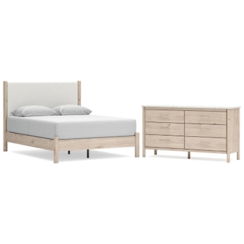 Cadmori Queen Upholstered Panel Bed with Dresser, Two-tone