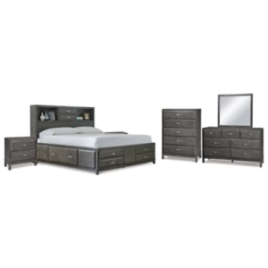 Caitbrook Queen Storage Bed with 8 Storage Drawers with Mirrored Dresser, Chest and 2 Nightstands, Gray
