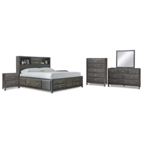Caitbrook Queen Storage Bed with 8 Storage Drawers with Mirrored Dresser, Chest and 2 Nightstands, Gray