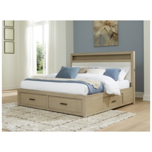 Calmoro California King Upholstered Bookcase Bed with 4 Storage Drawers, Gray