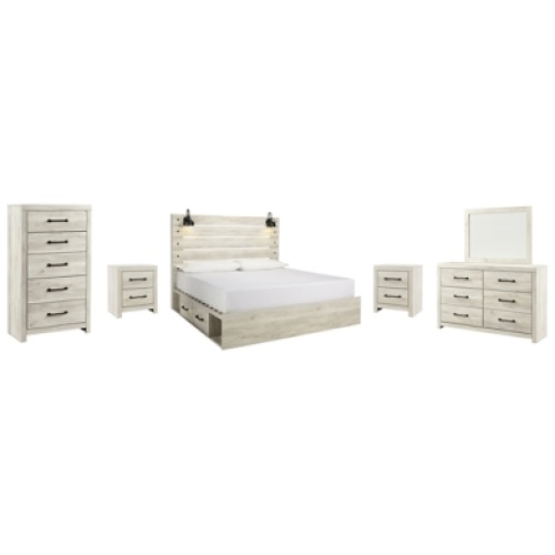 Cambeck King Panel Bed with 2 Storage Drawers with Mirrored Dresser, Chest and 2 Nightstands, Whitewash