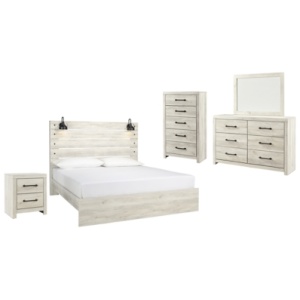Cambeck King Panel Bed with Mirrored Dresser, Chest and Nightstand, Whitewash
