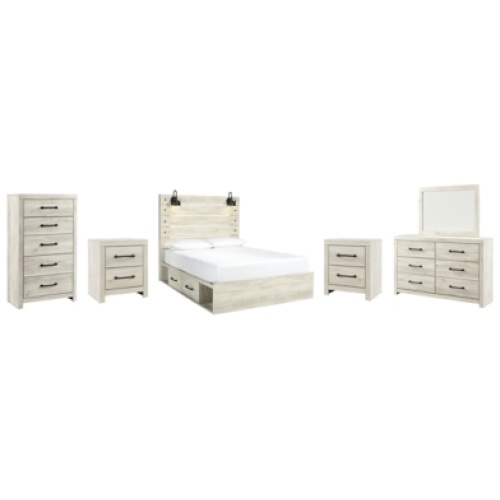 Cambeck Queen Panel Bed with 2 Storage Drawers with Mirrored Dresser, Chest and 2 Nightstands, Whitewash