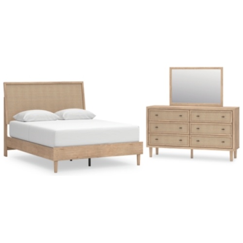 Cielden Queen Panel Bed with Mirrored Dresser, Two-tone