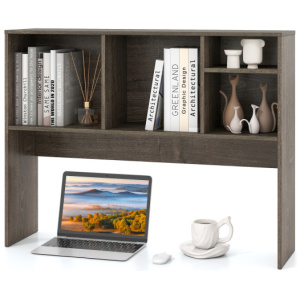Computer Desktop Bookcase with 4 Cubbies and Open Back Compartment-Gray