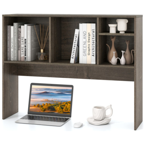 Computer Desktop Bookcase with 4 Cubbies and Open Back Compartment-Gray