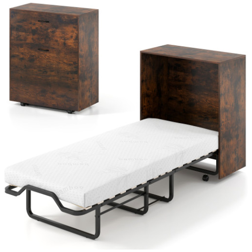 Cot Size Murphy Bed with Foldable Bed and Lockable Wheels-Rustic Brown