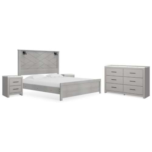 Cottonburg King Panel Bed with Dresser and 2 Nightstands, Light Gray/White