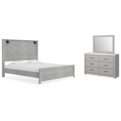 Cottonburg King Panel Bed with Mirrored Dresser, Light Gray/White