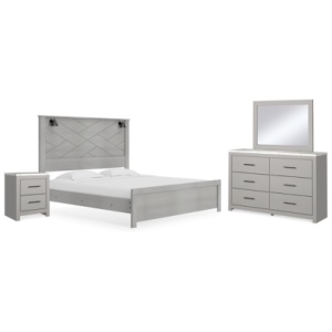 Cottonburg King Panel Bed with Mirrored Dresser and Nightstand, Light Gray/White