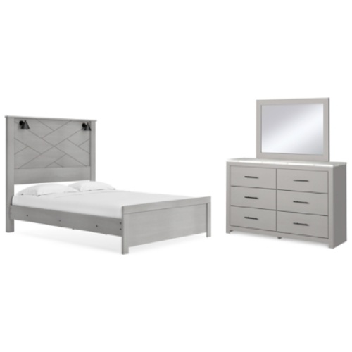 Cottonburg Queen Panel Bed with Mirrored Dresser, Light Gray/White