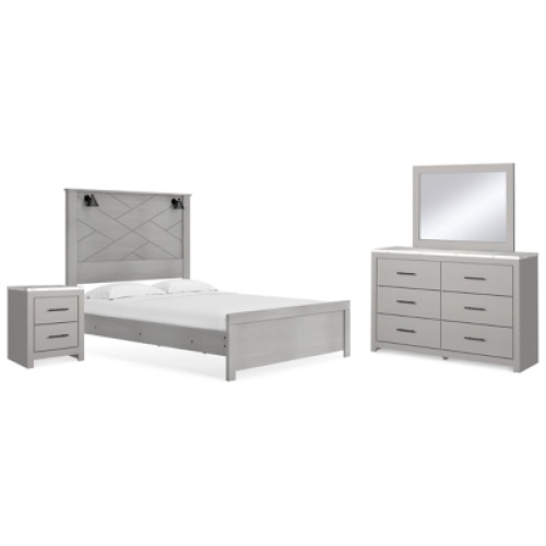 Cottonburg Queen Panel Bed with Mirrored Dresser and Nightstand, Light Gray/White