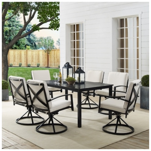 Crosley Furniture Kaplan Outdoor Dining Table and 6 Swivel Chairs, Oatmeal