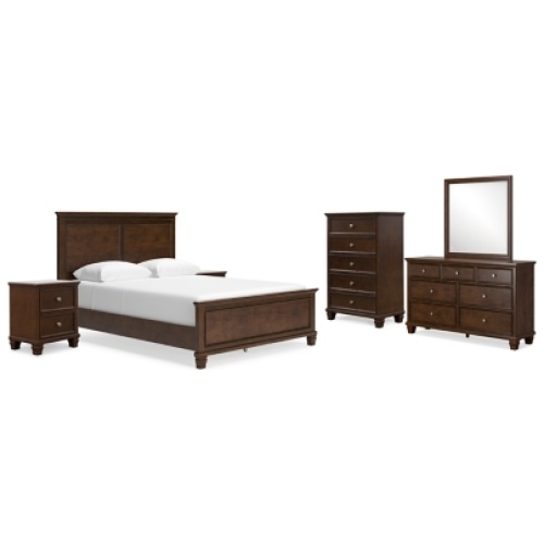 Danabrin Queen Panel Bed with Mirrored Dresser, Chest and 2 Nightstands, Brown