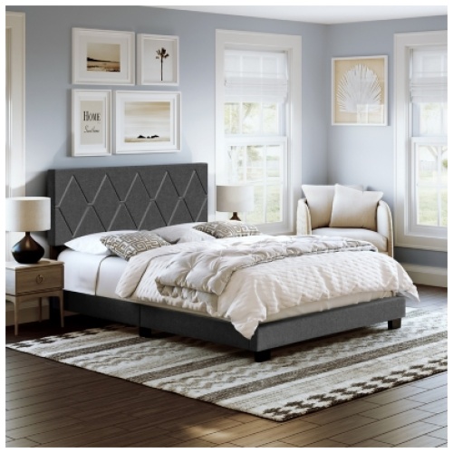 Destry Queen Upholstered Linen Platform Bed, Black