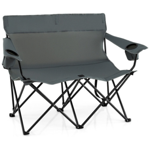 Double Camping Chair 2-Person Outdoor Folding Loveseat with Cup Holders-Gray