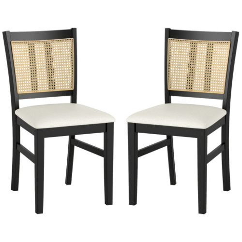 Farmhouse Rattan Dining Chair Set of 2 with Rubber Wood Legs and Cane Back-Beige