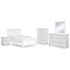 Fortman Full Panel Bed with Mirrored Dresser, Chest and 2 Nightstands, White