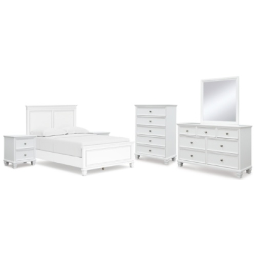 Fortman Full Panel Bed with Mirrored Dresser, Chest and 2 Nightstands, White
