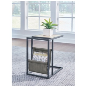 Freslowe Chairside C-Shaped End Table Leather, Light Brown/Black