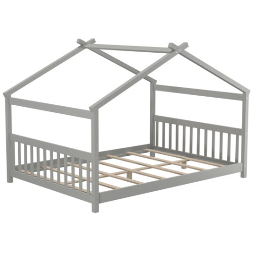 Full Size House Bed Montessori Floor Bed with Headboard-Gray