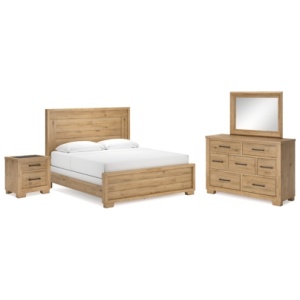 Galliden King Panel Bed with Mirrored Dresser and Nightstand, Light Brown