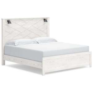 Gerridan King Panel Bed with Sconce Lights, White/Gray