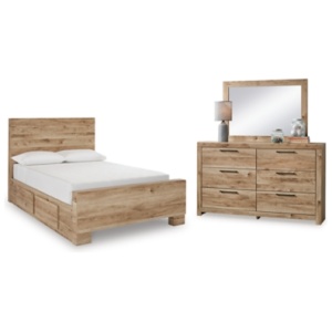 Hyanna Full Panel Bed with Storage with Mirrored Dresser, Tan Brown