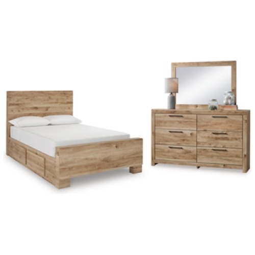 Hyanna Full Panel Bed with Storage with Mirrored Dresser, Tan Brown